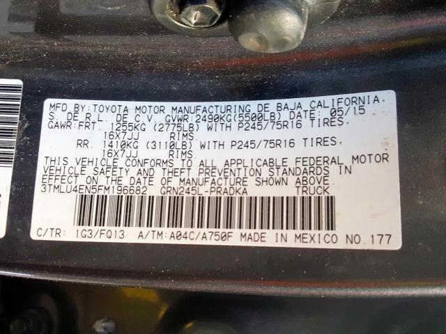 3TMLU4EN5FM196682 - 2015 TOYOTA TACOMA DOUBLE CAB  照片 10