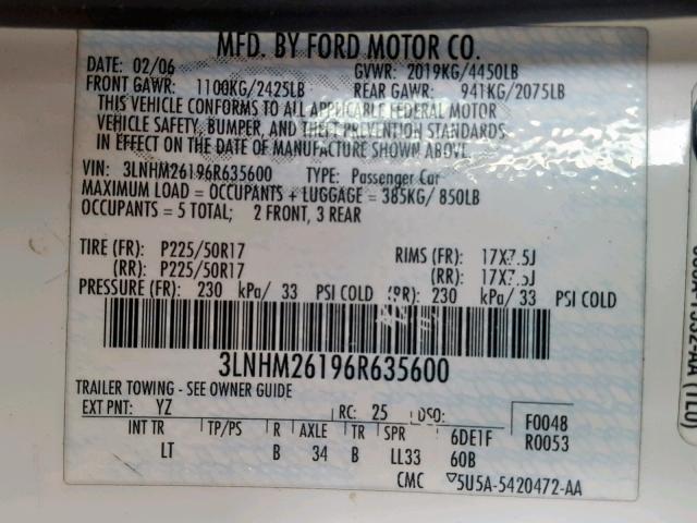 3LNHM26196R635600 - 2006 LINCOLN ZEPHYR WHITE photo 10