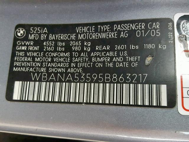 WBANA53595B863217 - 2005 BMW 525 I GRAY photo 10