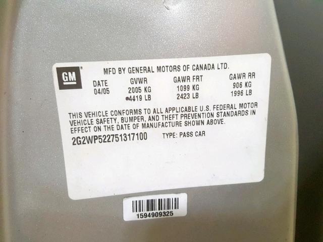 2G2WP522751317100 - 2005 PONTIAC GRAND PRIX 银色 照片 10