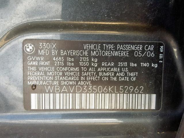 WBAVD33506KL52962 - 2006 BMW 330 XI GRAY photo 10