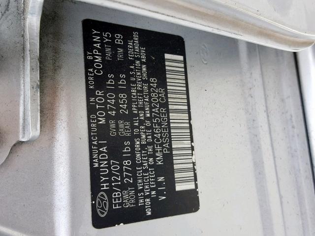 KMHFC46F57A208248 - 2007 HYUNDAI AZERA SE SILVER photo 10