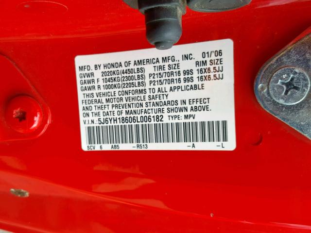 5J6YH18606L006182 - 2006 HONDA ELEMENT EX RED photo 10