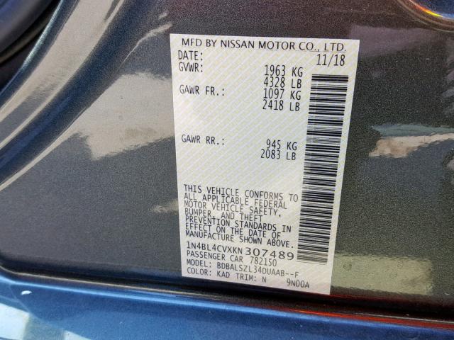 1N4BL4CVXKN307489 - 2019 NISSAN ALTIMA SR GRAY photo 10