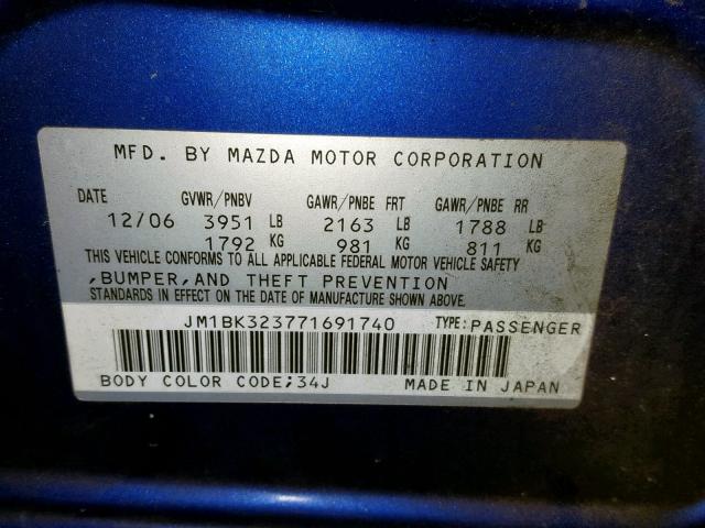 JM1BK323771691740 - 2007 MAZDA 3 S BLUE photo 10