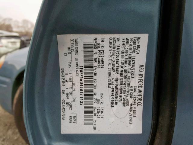 1FAFP56U45A171435 - 2005 FORD TAURUS SEL BLUE photo 10