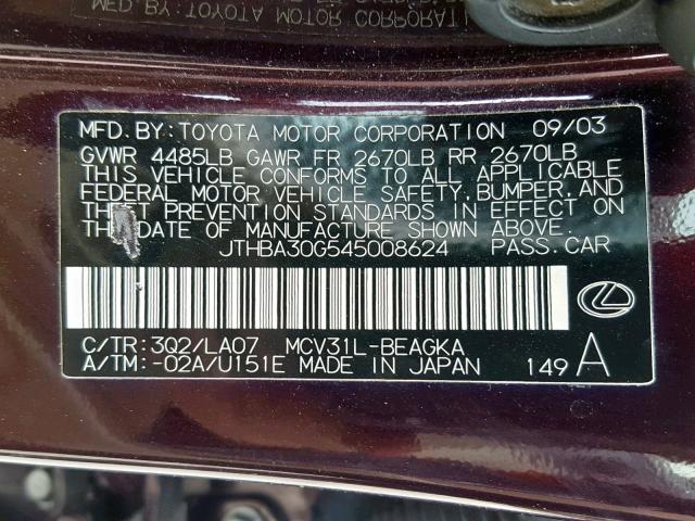 JTHBA30G545008624 - 2004 LEXUS ES 330 BURGUNDY photo 10