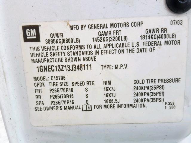 1GNEC13Z13J346111 - 2003 CHEVROLET TAHOE C150 WHITE photo 10