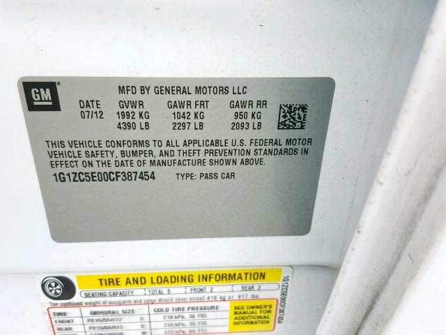 1G1ZC5E00CF387454 - 2012 CHEVROLET MALIBU 1LT WHITE photo 10