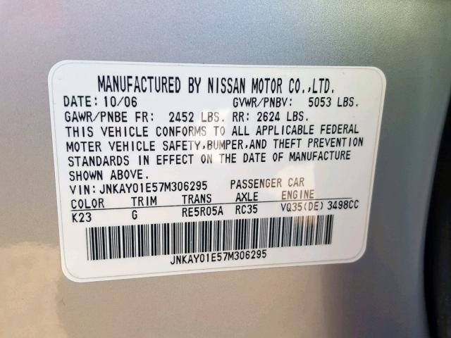 JNKAY01E57M306295 - 2007 INFINITI M35 BASE SILVER photo 10