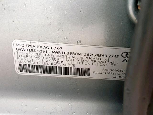 WAUDH74F88N030795 - 2008 AUDI A6 3.2 QUA GRAY photo 10