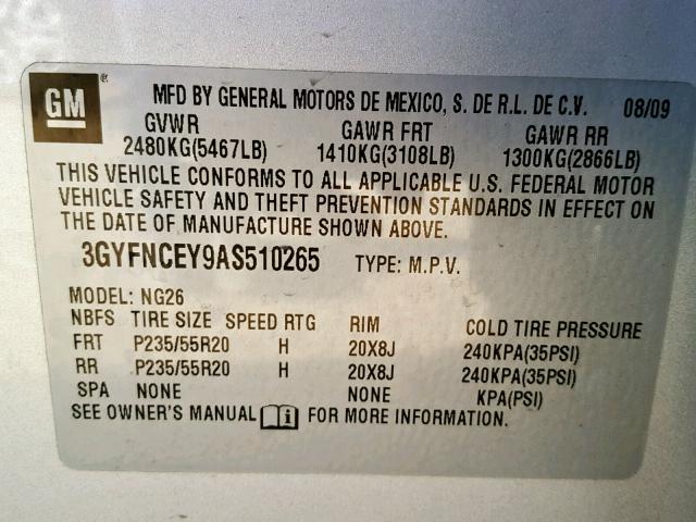 3GYFNCEY9AS510265 - 2010 CADILLAC SRX PREMIU SILVER photo 10