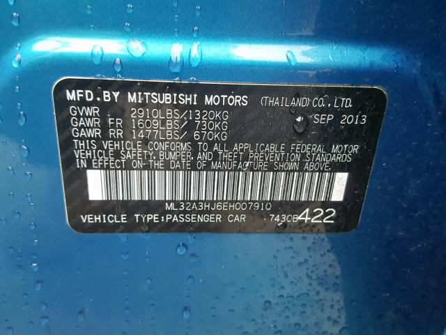 ML32A3HJ6EH007910 - 2014 MITSUBISHI MIRAGE DE BLUE photo 10