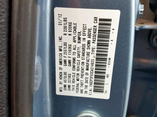 1HGCP3F83CA014630 - 2012 HONDA ACCORD EXL BLUE photo 10