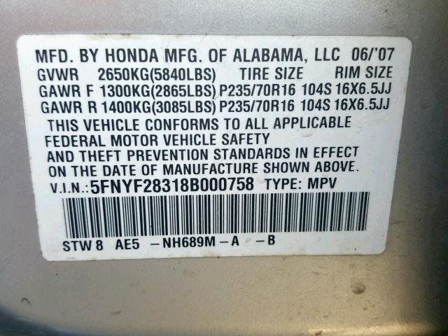 5FNYF28318B000758 - 2008 HONDA PILOT SE SILVER photo 10