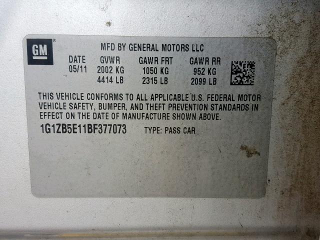 1G1ZB5E11BF377073 - 2011 CHEVROLET MALIBU LS ვერცხლისფერი ფოტო 10