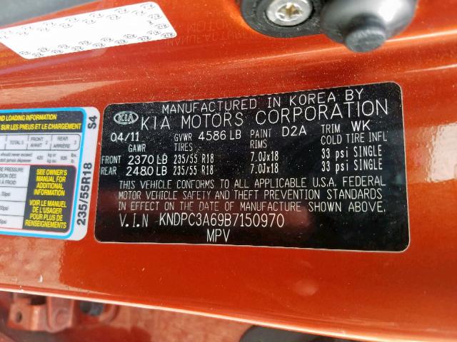 KNDPC3A69B7150970 - 2011 KIA SPORTAGE E ORANGE photo 10