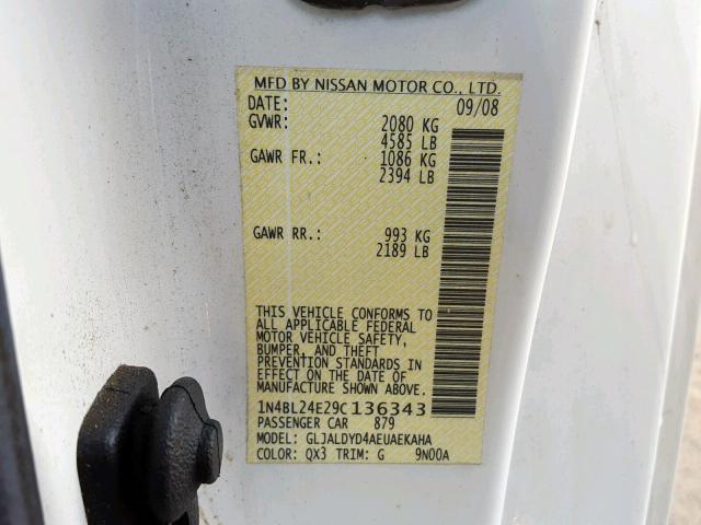 1N4BL24E29C136343 - 2009 NISSAN ALTIMA 3.5 WHITE photo 10