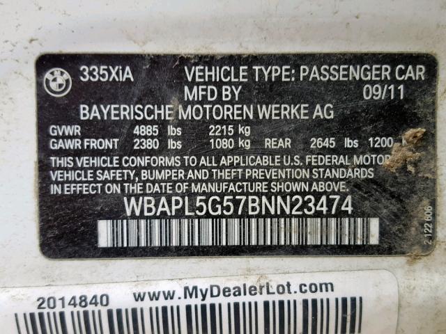 WBAPL5G57BNN23474 - 2011 BMW 335 XI WHITE photo 10