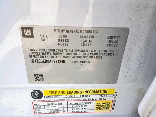 1G1ZC5EB0AF271346 - 2010 CHEVROLET MALIBU 1LT თეთრი ფოტო 10