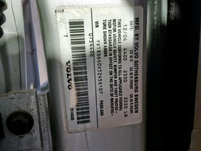 YV1RS640X52456107 - 2005 VOLVO S60 SILVER photo 10