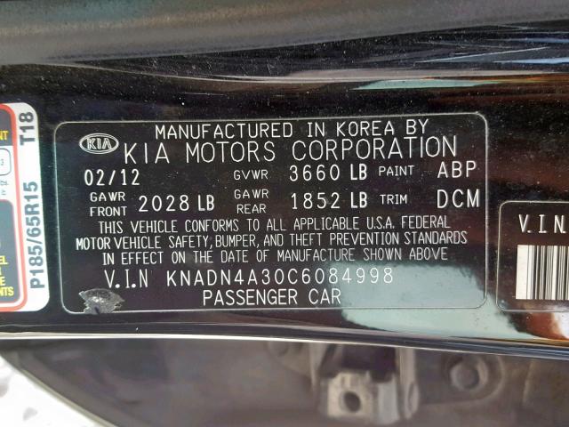 KNADN4A30C6084998 - 2012 KIA RIO EX BLACK photo 10