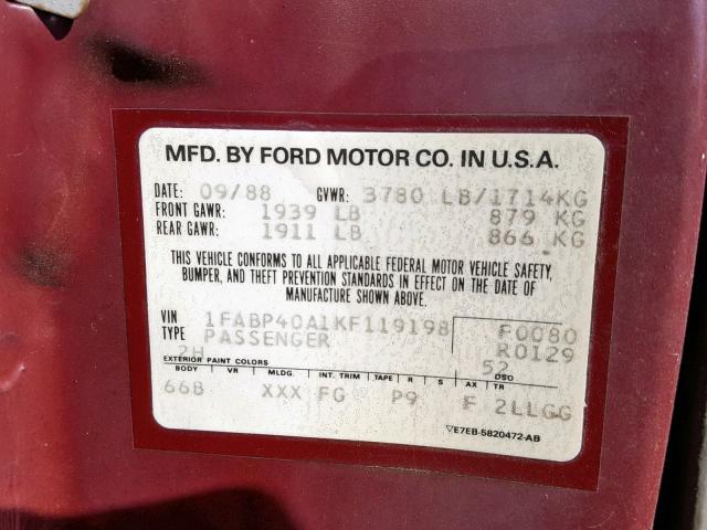 1FABP40A1KF119198 - 1989 FORD MUSTANG LX BURGUNDY photo 10