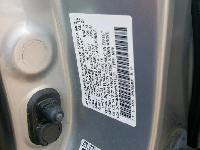 2HKRM3H79CH511633 - 2012 HONDA CR-V EXL SILVER photo 10