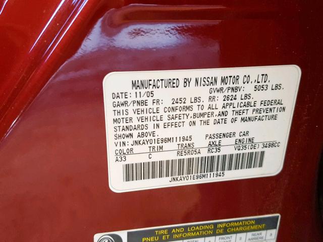 JNKAY01E96M111945 - 2006 INFINITI M35 BASE RED photo 10