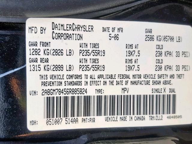 2A8GM78456R885824 - 2006 CHRYSLER PACIFICA L BLACK photo 10