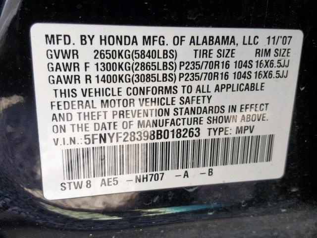 5FNYF28398B018263 - 2008 HONDA PILOT SE BLACK photo 10