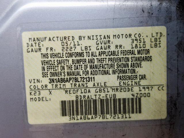 3N1AB6AP7BL721311 - 2011 NISSAN SENTRA 2.0 SILVER photo 10