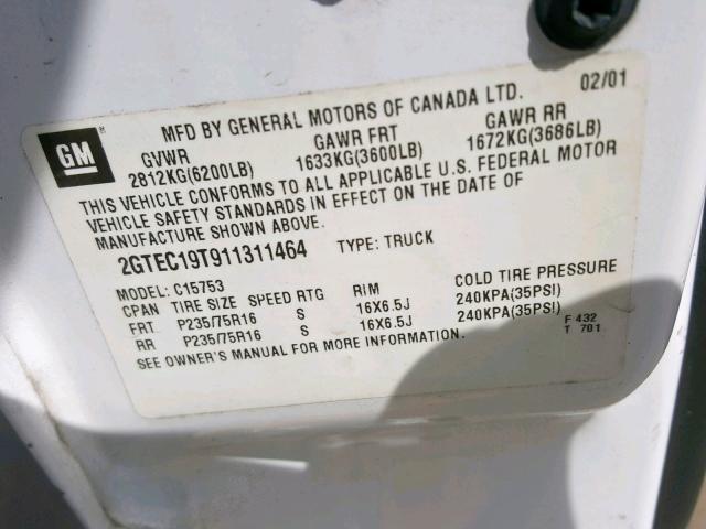 2GTEC19T911311464 - 2001 GMC NEW SIERRA WHITE photo 10