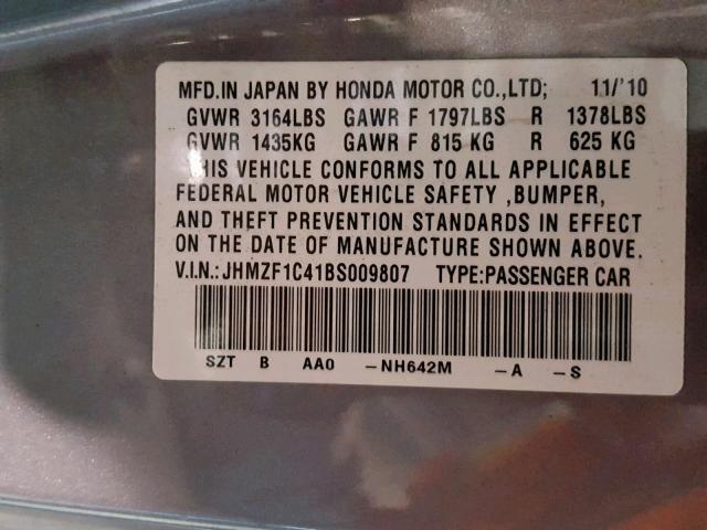 JHMZF1C41BS009807 - 2011 HONDA CR-Z SILVER photo 10