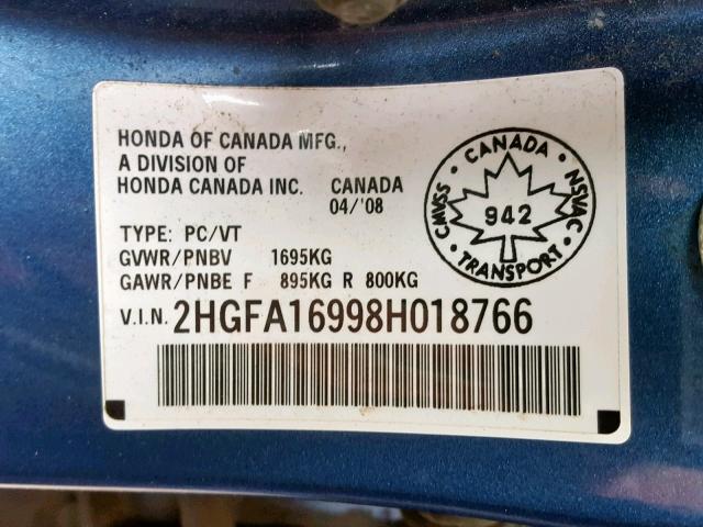 2HGFA16998H018766 - 2008 HONDA CIVIC EXL 蓝色 照片 10