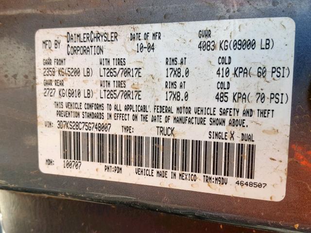 3D7KS28C75G748007 - 2005 DODGE RAM 2500 S Boz foto 10