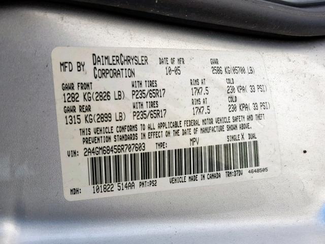 2A4GM68456R707603 - 2006 CHRYSLER PACIFICA T SILVER photo 10