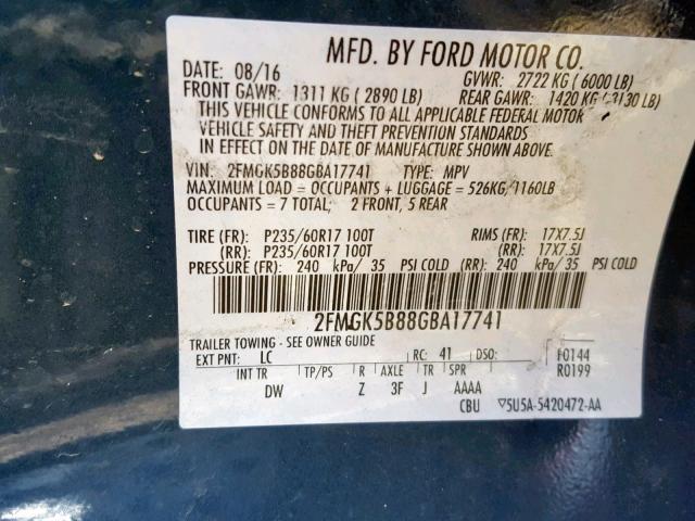 2FMGK5B88GBA17741 - 2016 FORD FLEX SE BLUE photo 10