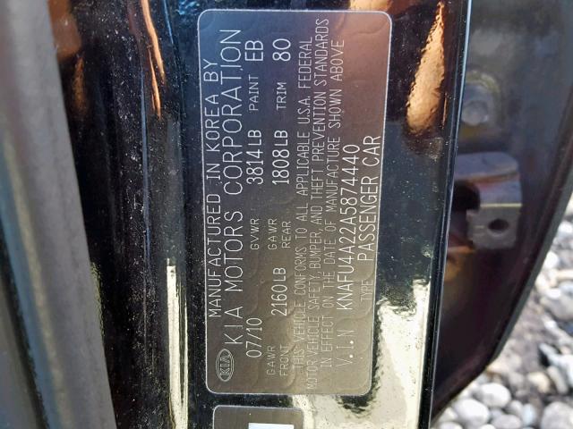 KNAFU4A22A5874440 - 2010 KIA FORTE EX BLACK photo 10