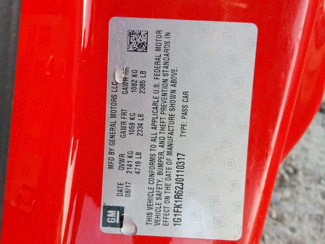 1G1FK1R62J0110317 - 2018 CHEVROLET CAMARO ZL1 红色 照片 10