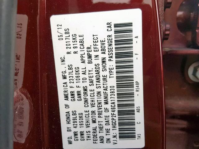 1HGCP2F46CA173830 - 2012 HONDA ACCORD LXP BURGUNDY photo 10