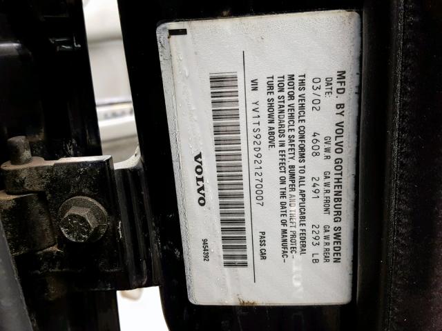 YV1TS92D921270007 - 2002 VOLVO S80 BLACK photo 10