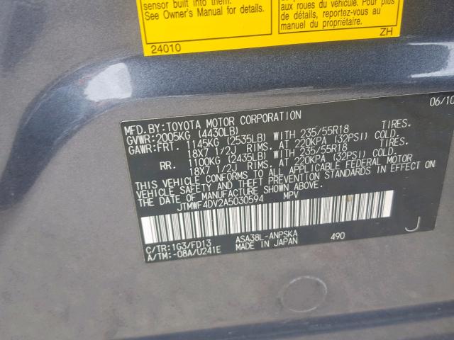 JTMWF4DV2A5030594 - 2010 TOYOTA RAV4 SPORT CHARCOAL photo 10