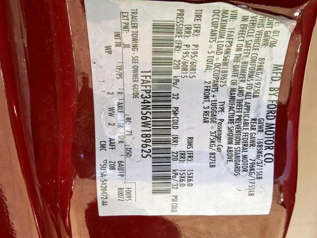1FAFP34N56W189625 - 2006 FORD FOCUS ZX4 RED photo 10