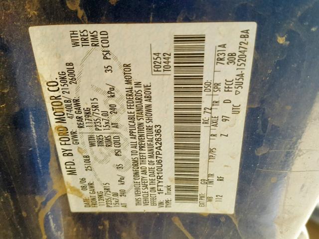 1FTYR10U67PA26363 - 2007 FORD RANGER BLUE photo 10