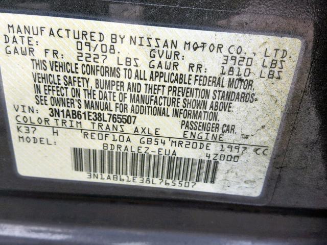 3N1AB61E38L765507 - 2008 NISSAN SENTRA 2.0 SILVER photo 10