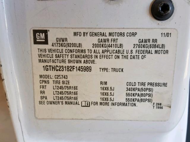 1GTHC23182F145989 - 2002 GMC SIERRA C25 WHITE photo 10