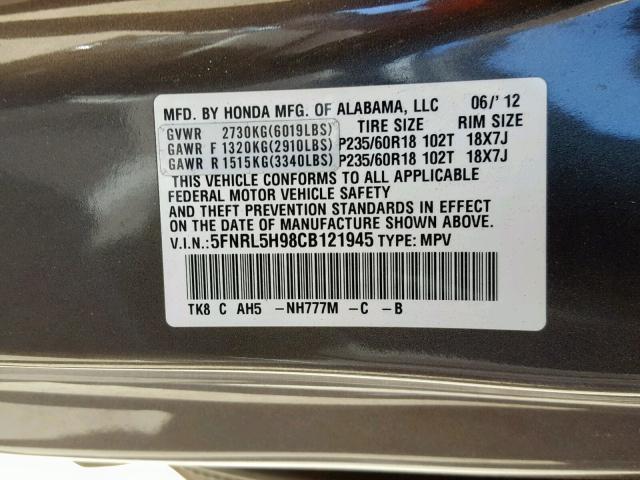 5FNRL5H98CB121945 - 2012 HONDA ODYSSEY TO GRAY photo 10