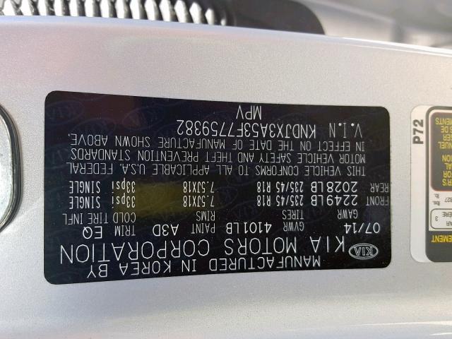 KNDJX3A53F7759382 - 2015 KIA SOUL ! SILVER photo 10