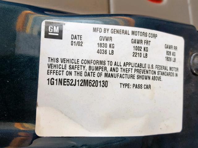 1G1NE52J12M620130 - 2002 CHEVROLET MALIBU LS GREEN photo 10